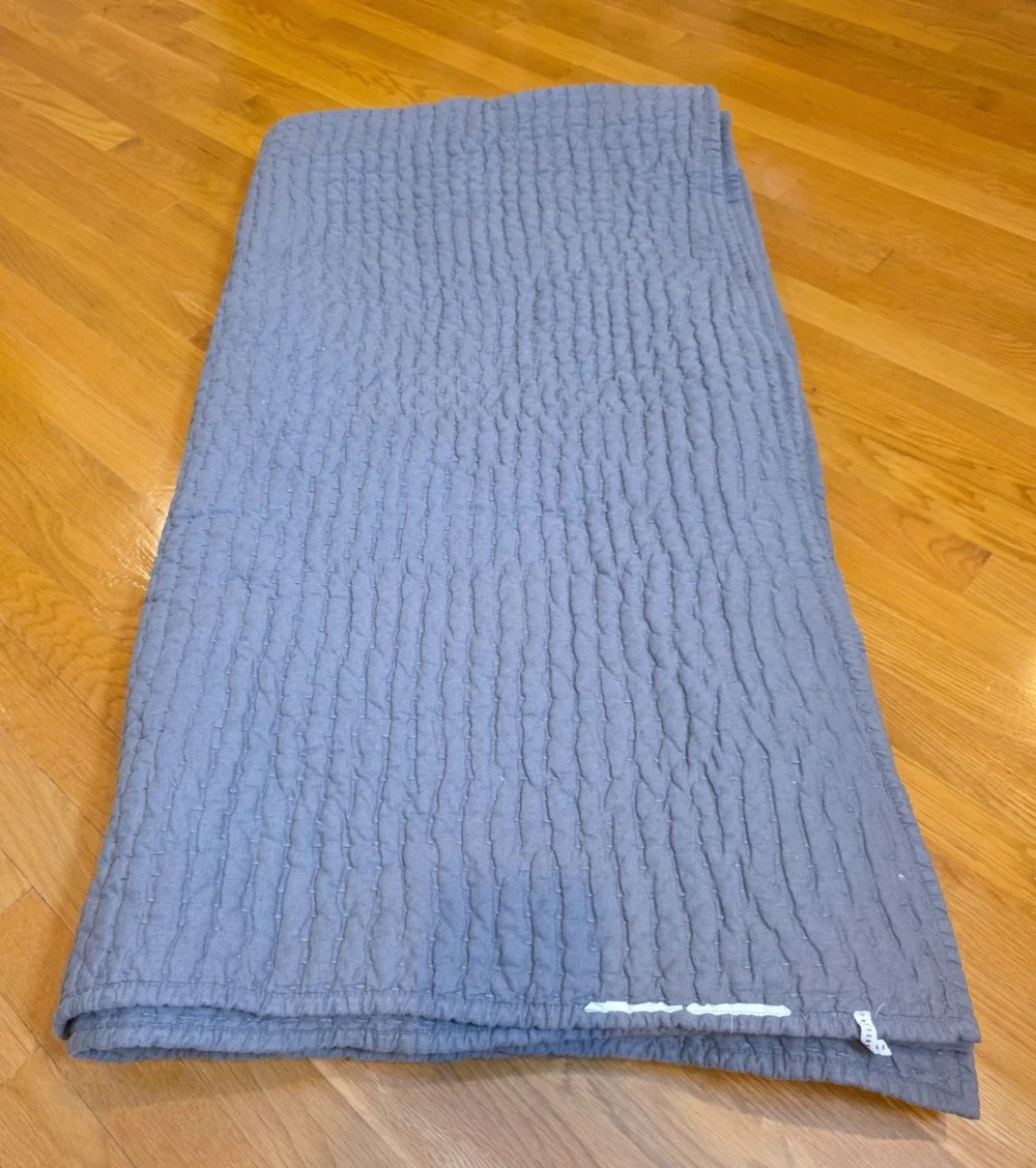 Pottery Barn Pick Stitch Cotton Linen Quilt Full Queen Gray Blue Coastal Cottage